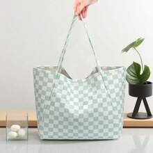 Corduroy Tote Bag, Women's Tote Bag, Shoulder Bag With Inner Pocket For Work Beach Travel And Shopping Grocery, Travel Gym Bag For Women Work Lunch Beach Grocery Shopping Shopper Handbags, Suitable For Work, School, College Student, Books, Shopping, Back To School, Best Friend Gifts, Birthday/Valentine's Day Decor Gifts, Auspicious New Year Gifts - 綠色格子 - 查看 1
