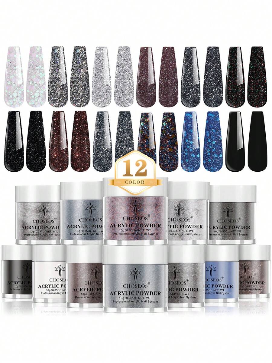 CHOSEOS 12色亚克力粉，每瓶（10克/0.35盎司罐装）3D亚克力美甲套装，适用于法式美甲延长和季节性美甲雕塑，无需UV灯。