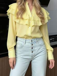 Women's V Neck Ruffle Shirts Fashionable Solid Color Long Sleeve Loose Fit Button Down Blouse - Yellow - View 5