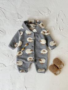 Newborn Baby Boy Thick Hooded Jumpsuit With Sheep Print, Warm For Winter - Grey - View 6