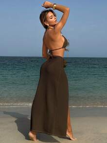 3件套女士针织沙滩度假花卉装饰三角比基尼上衣，侧开衩裙泳衣套装 夏季 - 巧克力棕 - 查看 4