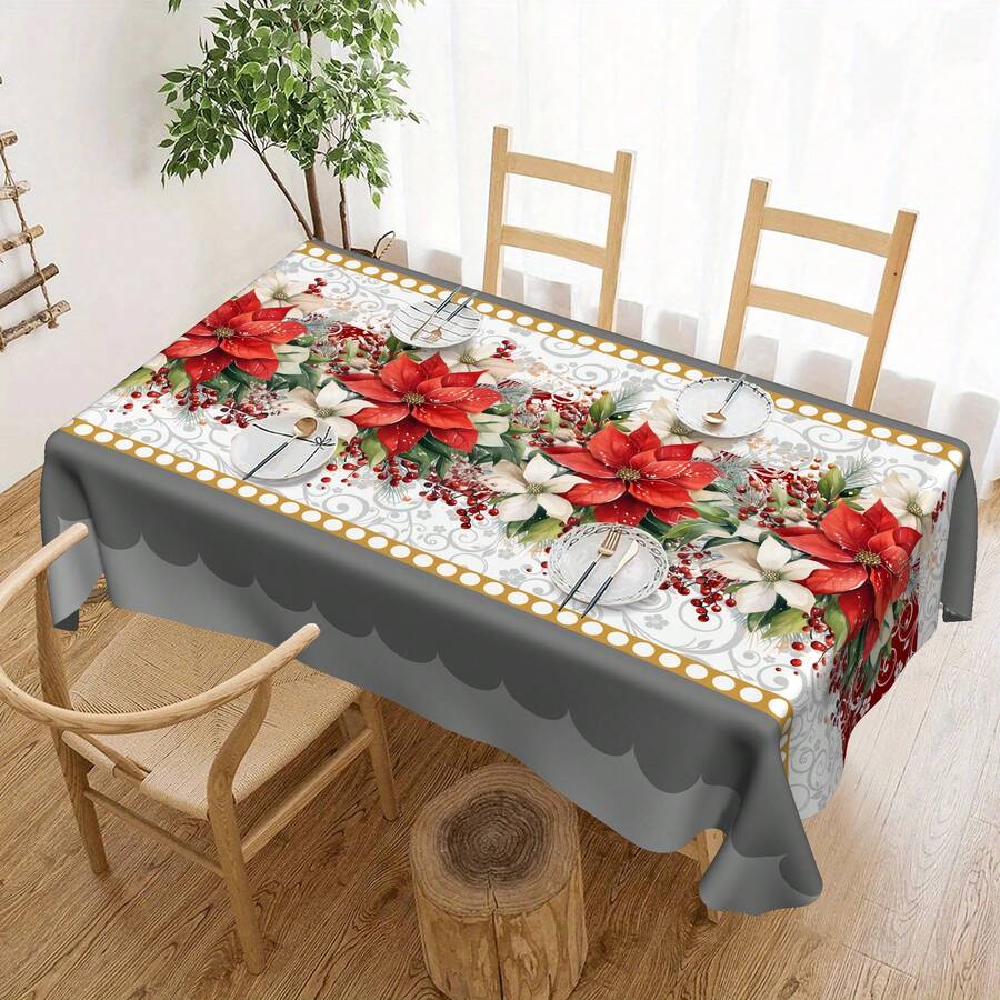 1 pièce Nappe avec motif d'arbre de Noël et floral, réutilisable et lavable, convient pour l'intérieur, le camping en plein air, le pique-nique, les fêtes de Noël, la décoration de la maison - Multicolore - Voir 1