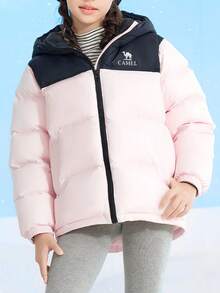 CAMEL CROWN Chaqueta de plumón para niños, con acolchado de plumón, cálida, a prueba de viento, antiestática, con capucha, con cremallera, adecuada para el invierno. - Negro Fantasma/Rosa Soñador - Ver 3