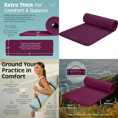 Solana Yoga Mat 1/2" Thick W/Nylon Strap For Men And Women Non Slip Excercise Mat For Yoga Pilates Stretching Floor And Fitn Workouts