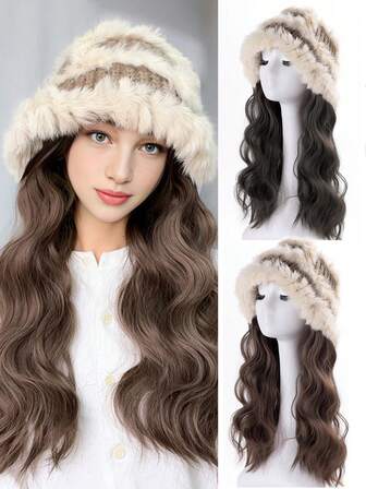 14英寸合成假发帽，蓬松假发帽，长款波浪卷棕色假发帽，带合成发片，适合女性和女孩冬季佩戴 - 冷棕色/棕色/黑色