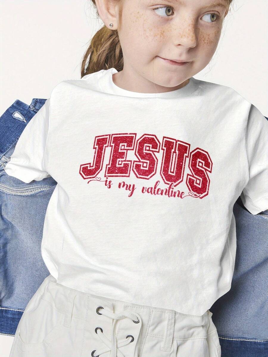 Camiseta Blanca con Texto Rojo 'JESUS es mi Valentín' - Camiseta Casual de Algodón Suave, Dise?o Distinguido, Ideal para San Valentín, Regalos Especiales para Jóvenes y Ni?as, Viste a la Moda con Estilo y Comodidad - Blanco - Ver 1