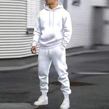 Men's Autumn Suit Casual Sports Solid Color Hoodie Men's Two-Piece Set Loose Sweatshirt Men's Clothing - 白色 - 查看 1