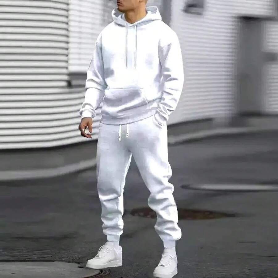 Men's Autumn Suit Casual Sports Solid Color Hoodie Men's Two-Piece Set Loose Sweatshirt Men's Clothing - 白色 - 查看 1