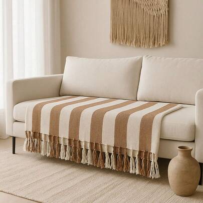 Manta Queen Decorativa Listrada – 100% Algodão Premium com Franjas – Estilo Aconchegante - 2,40m x 1,80m