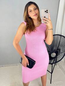Vestido Midi Regata Feminino Tricot Modal Canelado Fenda Costas Abertas Verão Natal Ano Novo Festas Luxo - Rosa Bebê - Visão 3