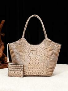 2pcs Elegant Women's Tote,Elegant Large-Capacity Women's Tote | Solid-Color Crocodile-Patterned PU Bag With Secure Zipper, Multi-Pockets, Fixed Strap - Suitable For Work & Outings - Màu Khaki - Xem 1