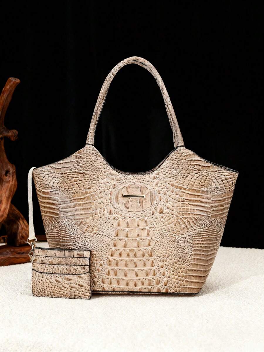 2pcs Elegant Women's Tote,Elegant Large-Capacity Women's Tote | Solid-Color Crocodile-Patterned PU Bag With Secure Zipper, Multi-Pockets, Fixed Strap - Suitable For Work & Outings - Màu Khaki - Xem 1