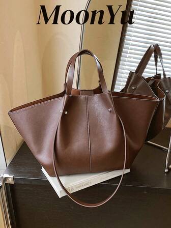 女士手提包，时尚简约通勤购物手提包，大容量单肩包，咖啡色编织篮设计