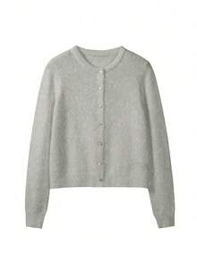 FOR BEAUTY Autumn And Winter New Women's Round Neck Small Shell Twisted Buckle Long-Sleeved Knitted Cardigan Ms. Short Loose Slouchy Warm And Comfortable Light Grey Solid Color Sweater Coat New Year - Màu Xám nhạt - Xem 5