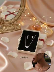 3pcs Flora Zirconia Earrings Necklace Set, Gold Jewelry Set Gift Box, Dangle Earrings, Necklace Set With Gift Box,Christmas Gift, Lover Gift, Gift For Mom, Christmas Gift Box