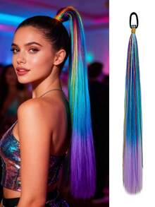 1pc 26-Inch Straight Ombre Purple-Blue Braided Ponytail Hair Extensions, With Elastic Band, Suitable For Girls And Women For Party And Festival Wear - Multicolor - View 10