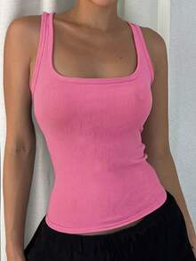 1pc Women Sports Camisole, New Design With Padded Bust, Slim Fit, Sleeveless Undershirt - Hot Pink - View 3