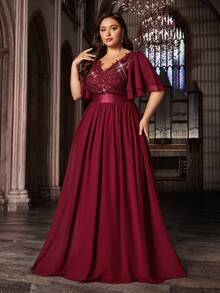 Elegante vestido de noche formal de gasa de unicolor con aplicaciones y parches de lentejuelas para primavera y boda - Burdeos - Ver 4