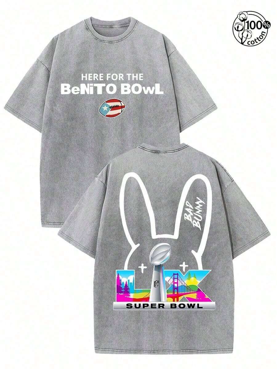 BadBunny Benito Bowl T Shirt,Retro Washed T-Shirt Double Sided Printed (230 Pure Cotton T-Shirt),Christian Gift, Men's T-Shirt, Men's Casual, Comfortable, Fashionable T-Shirt, Street Style Cotton2026 - 灰色 - 查看 1