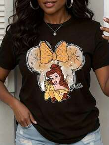 Women's Black T Shirt Belle Disney Princess Mickey Mouse Ears Design With Orange Bow And Sparkles Graphic For Casual Wear - màu đen - Xem 2