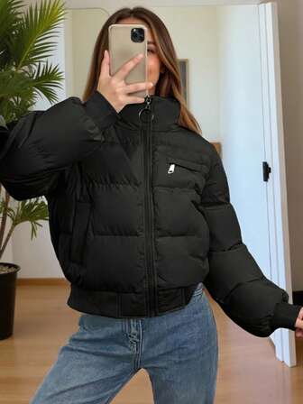 女士短款羽绒服，漏斗领时尚外套，秋冬夹克，女士休闲拉链毛绒立领背心 - 长袖外套 - 秋冬