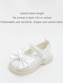 1 Pair Simple Solid Color Cute Bow Pearl Decor Hook And Loop Girls Flat Mary Jane Shoes, Comfortable And Durable, Suitable For Daily Wear, Suitable For All Seasons - Beige - View 6