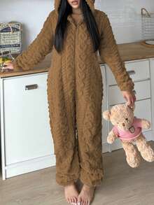 女士连帽连体衣，带耳朵和心形图案，舒适保暖，休闲居家服，适合秋冬季穿着。 - 卡其色 - 查看 3