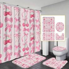 1/4 Pcs Creative Pink Bow Shower Curtain Set, Suitable For Spring/Summer, Holiday Decor, Bathroom Curtains, High-End Bathroom Home Decor Accessories, Machine Washable, 12 Hooks Included For Bathtub Enclosure, Easy To Clean Design For Refreshing Bathing Experience