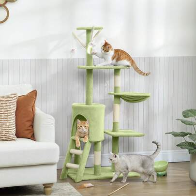 PawHut Cat Tree, 53" Cat Tower For Indoor Kittens With Sisal Scratching Posts, Plush Perches, Condo, Hammock, Ladder, Dangling Toys, Multi-Level Kitty Activity Centre, Green