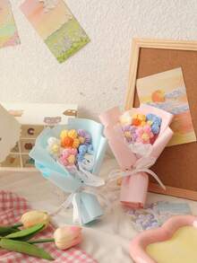 Charming Dopamine Colorful Faux Mini Knitted Flower Bouquet - Ideal For Valentine's Day, Birthday, Party, Mother's Day, Anniversary Surprise Gifts | Multicolor Home Decor Accents, Bouquet Accessories - Multicolor - View 9