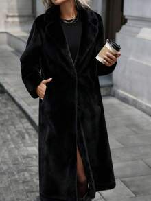 Winter Must - Have: Brown Faux Fur Long Coat With Lapel Collar - Black - View 3
