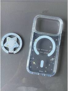 浪漫蓝色星球月亮设计手机壳，磁吸支架，透明防摔保护套，适用于 17 Pro Max、16 Pro、15 Pro、14 Pro、13，适合韩日 Ins 风格 - 藍色 - 查看 7