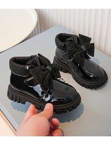 1 Pair Kids Fashion New Smooth PU Hook And Loop Design Butterfly Rhinestone Decor Non-Slip Soft Durable Chelsea Short Boots For Outdoor - Black - View 8