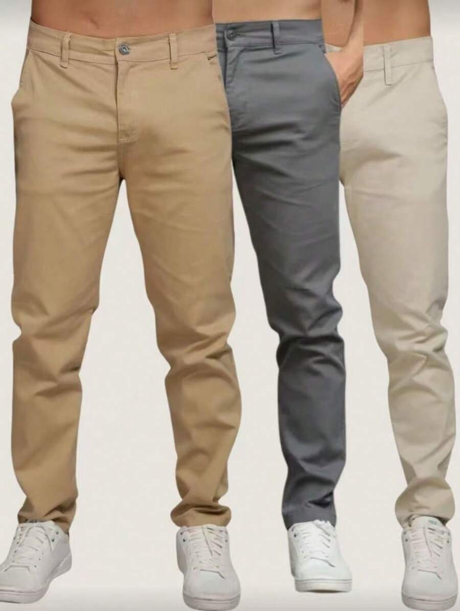 Set Of 3 Men's Ribbed Knit Trousers With Buttons And Pockets. Slightly Stretchy Fabric For Greater Comfort And Style. - castanho-chumbo-bege- - 查看 1