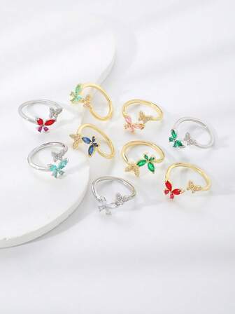 1pc Elegant Butterfly Design Copper Zirconia Open Ring, Versatile For Casual, Party And Gathering