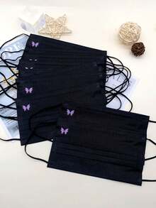 10pcs Adult Unisex Fashionable Cute Butterfly, Camellia, Heart Logo Printed Disposable Non-Medical Face Masks - Black - View 14