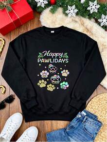 Camiseta con estampado de huellas de perro "Happy Pawlidays", sudadera para mujer, ideal para fiestas de Navidad, regalo para amantes de los perros, estilo festivo y cómodo, diseño colorido y divertido, adecuada para uso diario y ocasiones especiales. - Negro - Ver 3