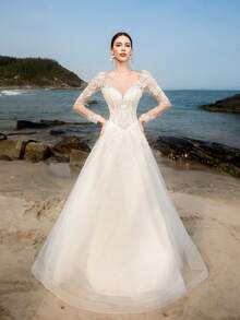 Elasola HEARBOBO White Lace Long Sleeve Backless Mesh Wedding Dress Bridal With Train Elegant - White - View 6