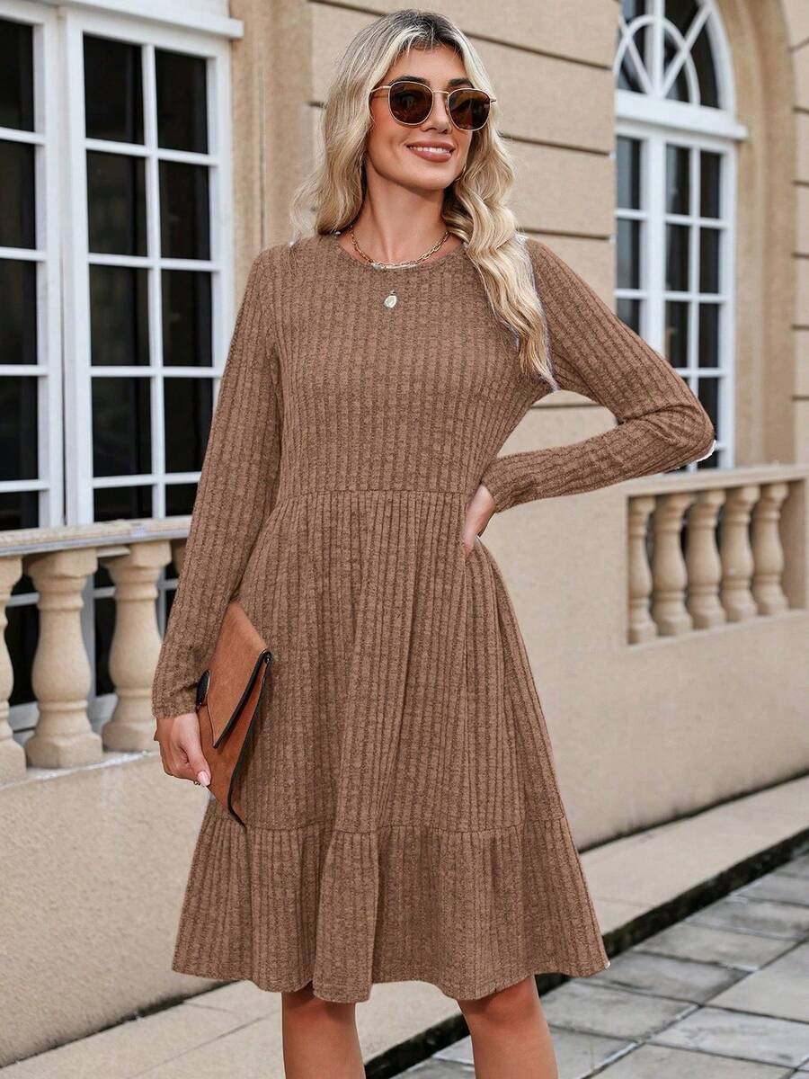 Women's Knitted Sweater Dress With Pockets, Casual Ruffle Hem, Brown Midi Dress, Suitable For Spring, Valentine's Day Party - Brown - View 1