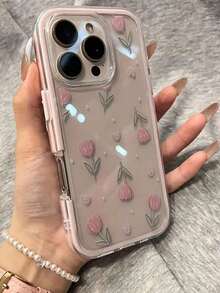 1pc Soft Solid Color Perforated Phone, Pink Floral Heart 2D Print Phone Protective Cover, Compatible With 11/12/13/14/15/16/16 Pro/12 Pro/13 Pro/14 Pro/15 Pro/16 Pro/14 Plus/15 Plus/16 Plus/12 Pro/13 Pro/14 Pro/15 Pro/16 Pro, Delicate Texture Phone, Compatible With 17/17 Pro/17 Pro/Latest Phones - Hồng - Xem 2