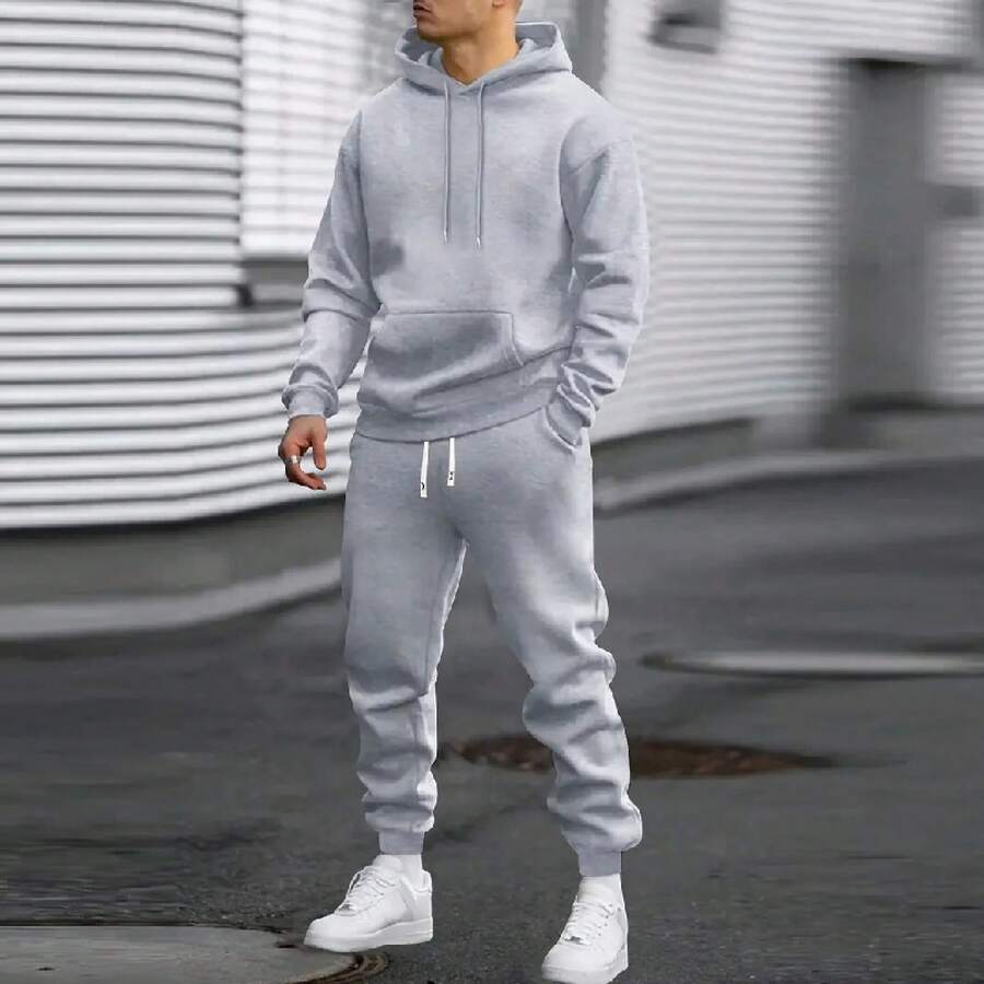 Men's Autumn Suit Casual Sports Solid Color Hoodie Men's Two-Piece Set Loose Sweatshirt Men's Clothing - 淺灰 - 查看 1