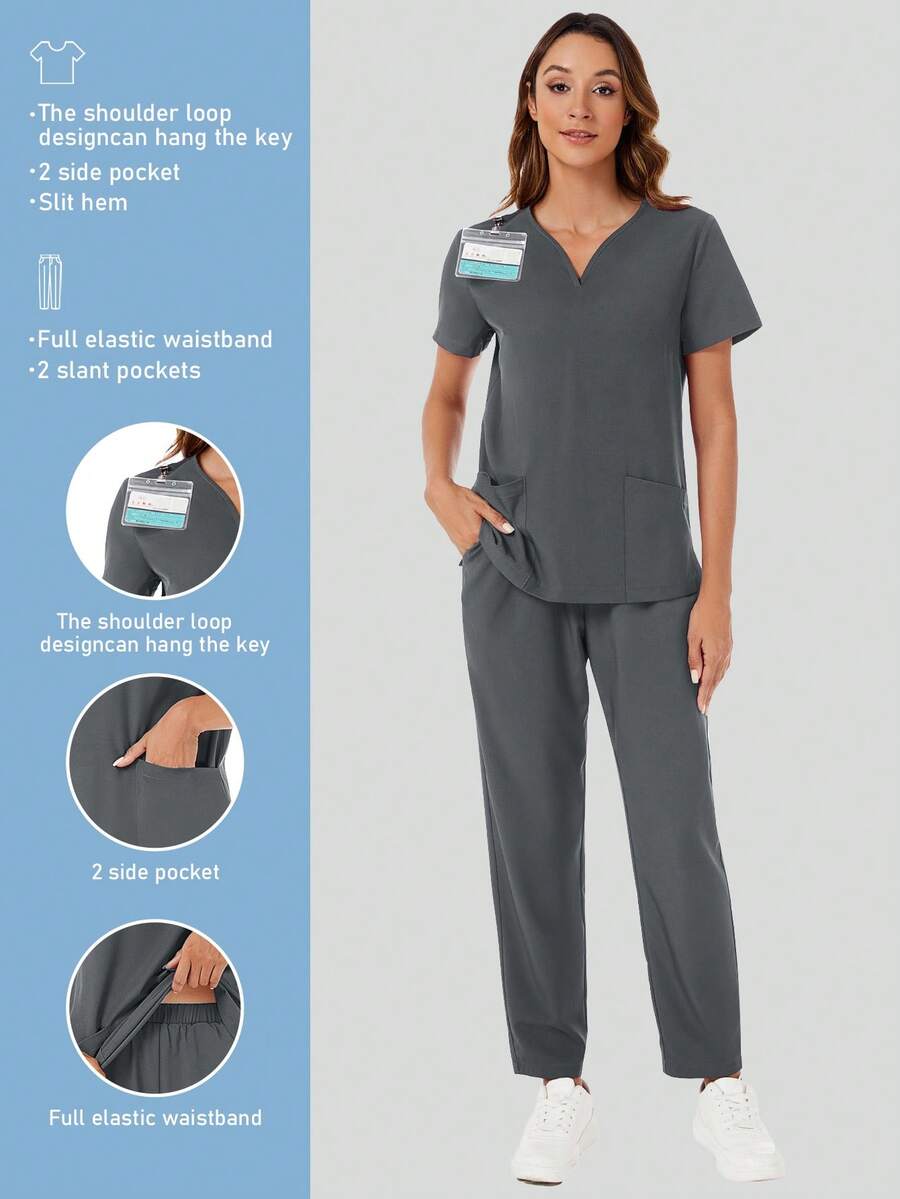 V-Neck Short Sleeve Top And Pocketed Pants Uniform Set, Scrub Set - Grey - View 1