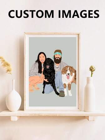 1pc Framed Personalized Family & Pet Portrait, Cartoon Dog Illustration Poster, Custom Photo Pet Portrait, Temporary Gift For Pet Lovers