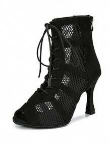 1 Pair Black Velvet + Mesh Sexy Fashion High Lace-Up Latin Dance Boots - Black - View 10