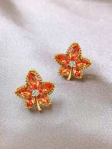 1 Pair Vintage Maple Leaf Design Rhinestone Inlaid Glass Elegant Delicate High-End Everyday Versatile Fashion Earrings For Women, Autumn/Winter - Yellow Gold - View 4