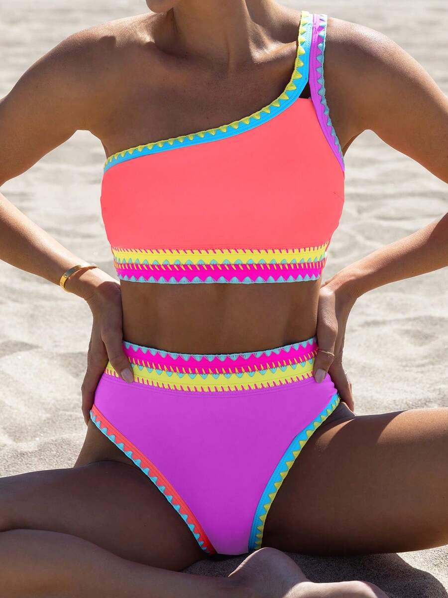 popvil Women One Shoulder Back Cross Straps Neon Color Block Swimwear Mid Waist Bikini Set For Summer Holiday Vacation Beach - Multicolor - View 1