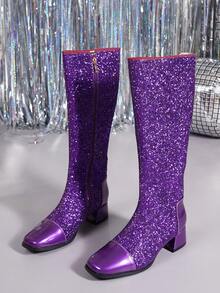 2026 Autumn/Winter Elegant Chunky Heel Tall Boots For Women, New Design, Warm, Side Zipper, Square Toe, High Heel Riding Boots - Purple - View 7