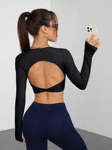 ATTRACO 女士性感扭结前片设计长袖修身露背多功能运动瑜伽上衣 - 黑色 - 查看 4