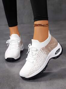 2025 New Knitted Breathable Sports Shoes For Women, Air Cushion Shock Absorbing Casual Shoes, Sock-Style Versatile Lightweight Walking Shoes, Fashion Color Blocking Comfortable Running Shoes, All Season Soft Bottom Women Shoes - White - View 4