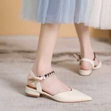 Zapatos de tacón con bloque hueco para mujer Baotou Zapatos de tacón con bloque, puntera puntiaguda y tiras de seda inspirados en - Beis - Ver 3